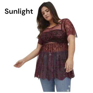 Torrid Chart SZ 6  Womens Sheer Burgundy Floral Lace Tunic Top/Beach Coverup